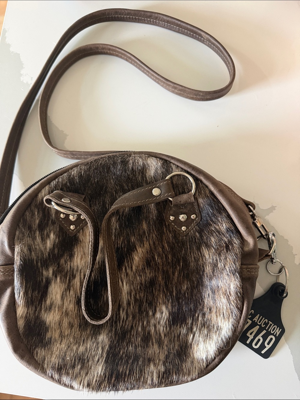 Brown Faux Fur Round Crossbody Bag with Stud Details